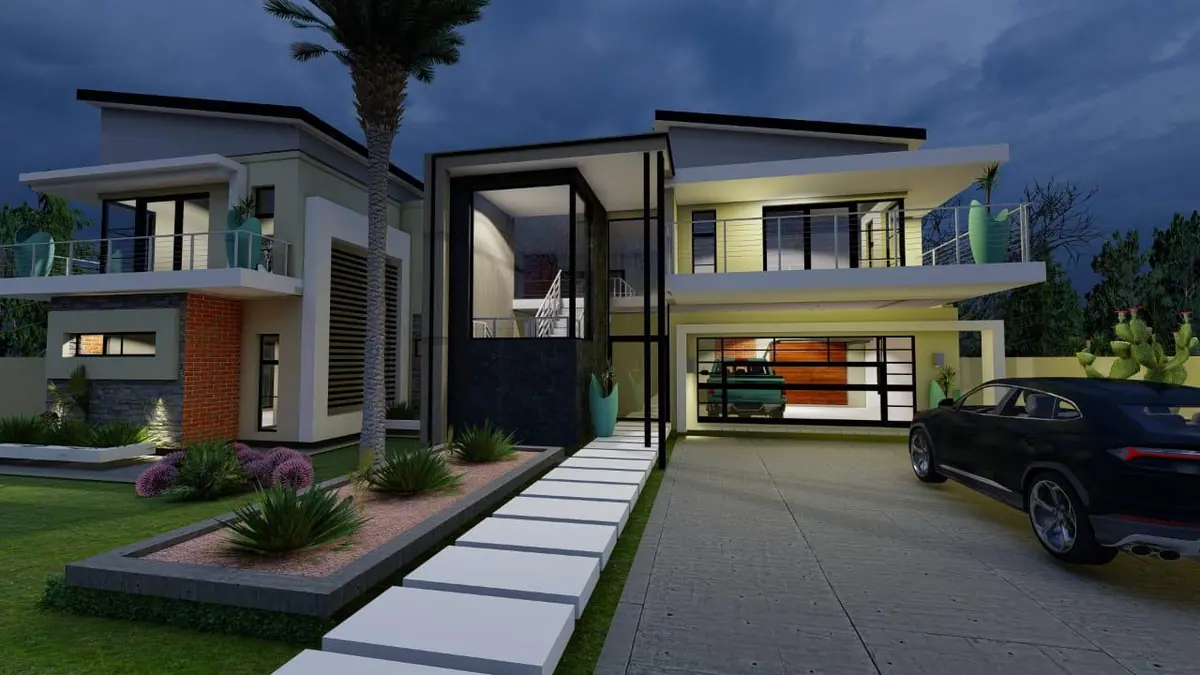 Architectural render of a modern double-storey home with a covered entrance at dusk