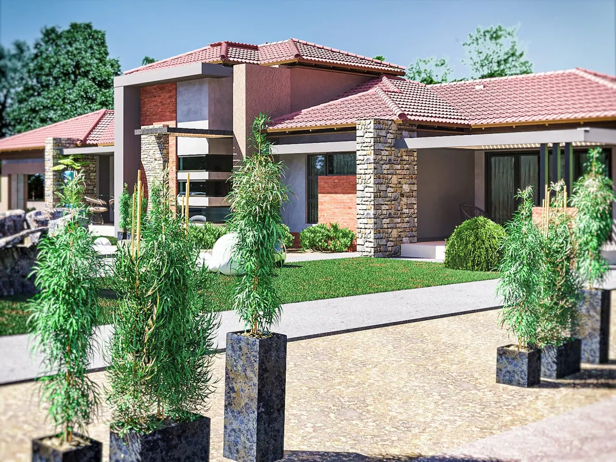 Architectural render of a face-brick and tile-roof family home