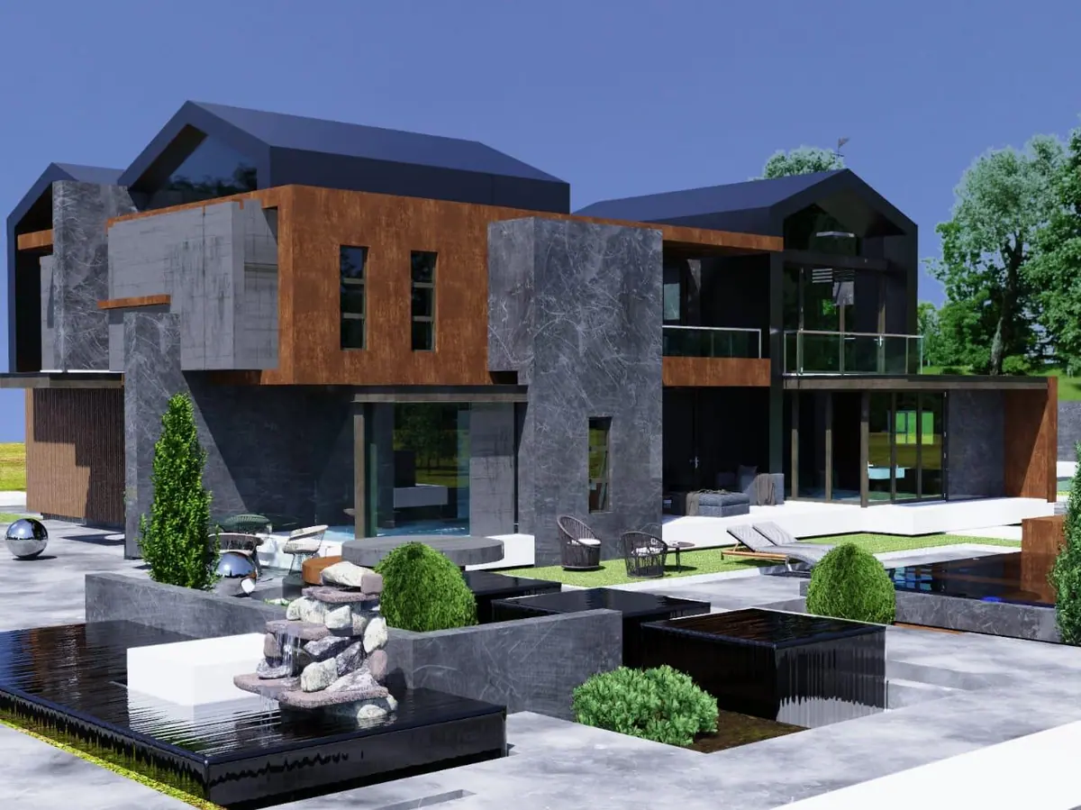 Architectural render of a dark contemporary residence with landscaped courtyard