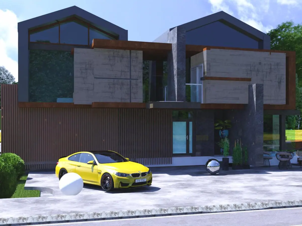 Architectural render of a concrete and timber modern house
