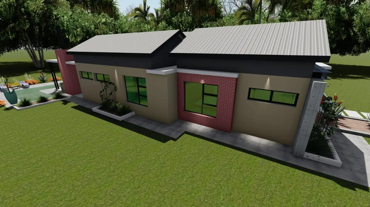 Architectural render of a single-storey home with a pitched metal roof