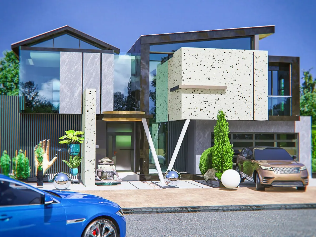Architectural render of a multi-level contemporary residence