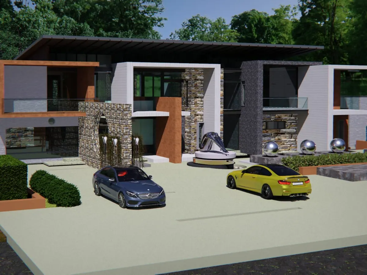 Architectural render of an estate home with stone feature walls