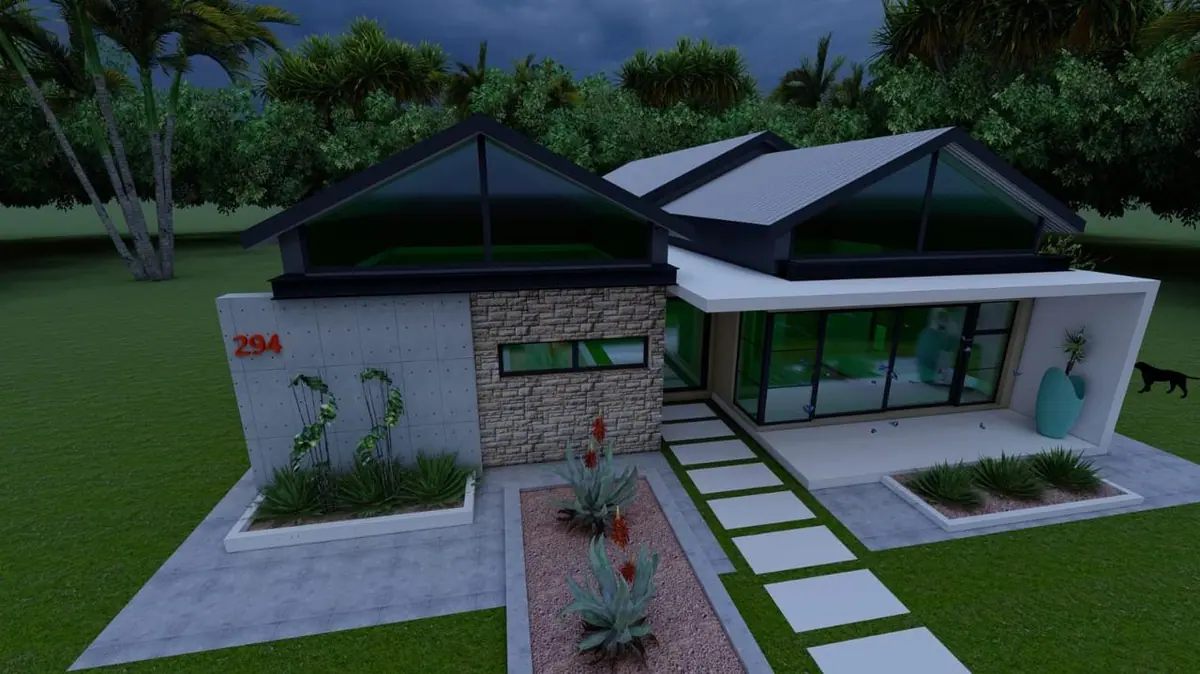 Architectural render of a pitched-roof family home with landscaped garden