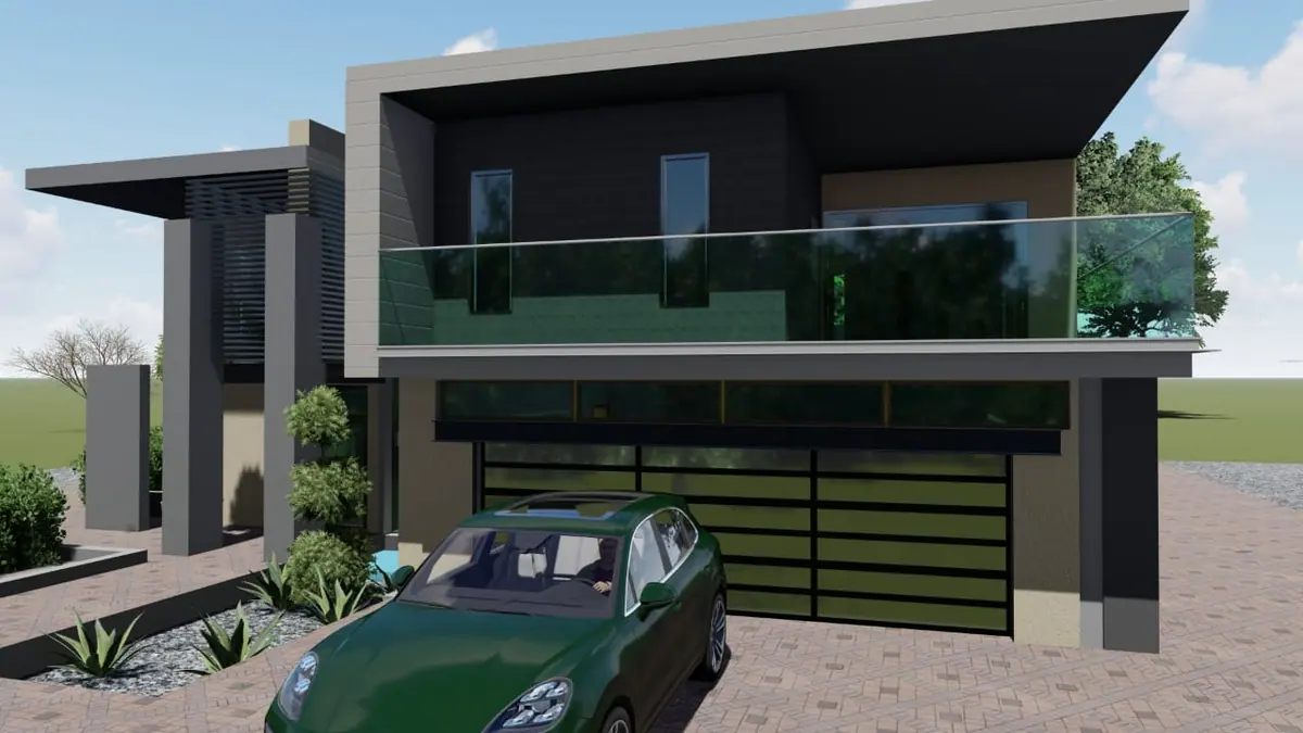 Architectural render of a flat-roof modern house with a garage