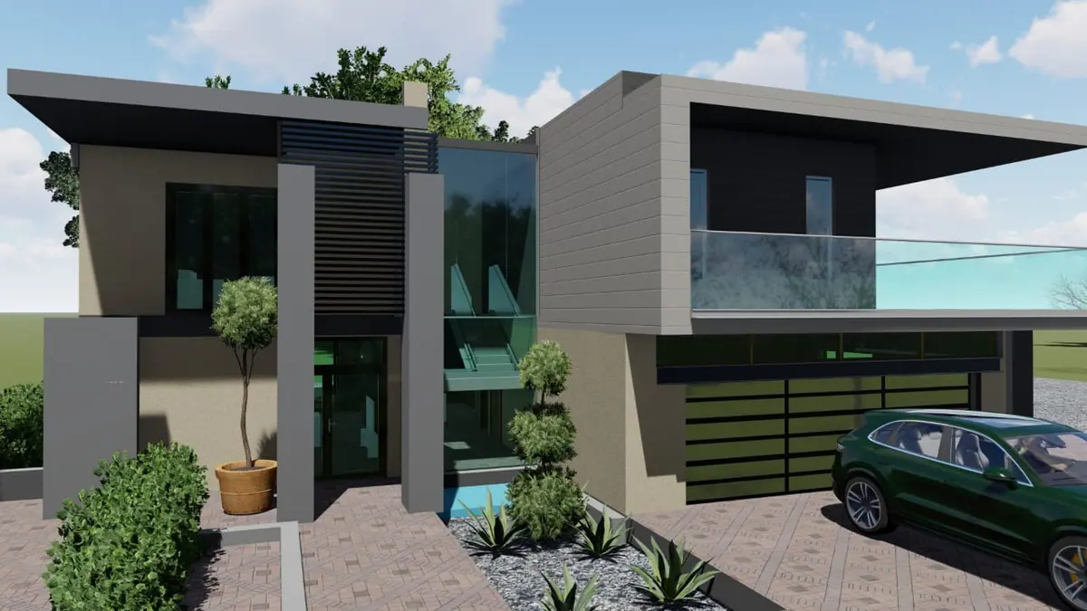 Architectural render of a minimalist double-storey house with glass balustrade
