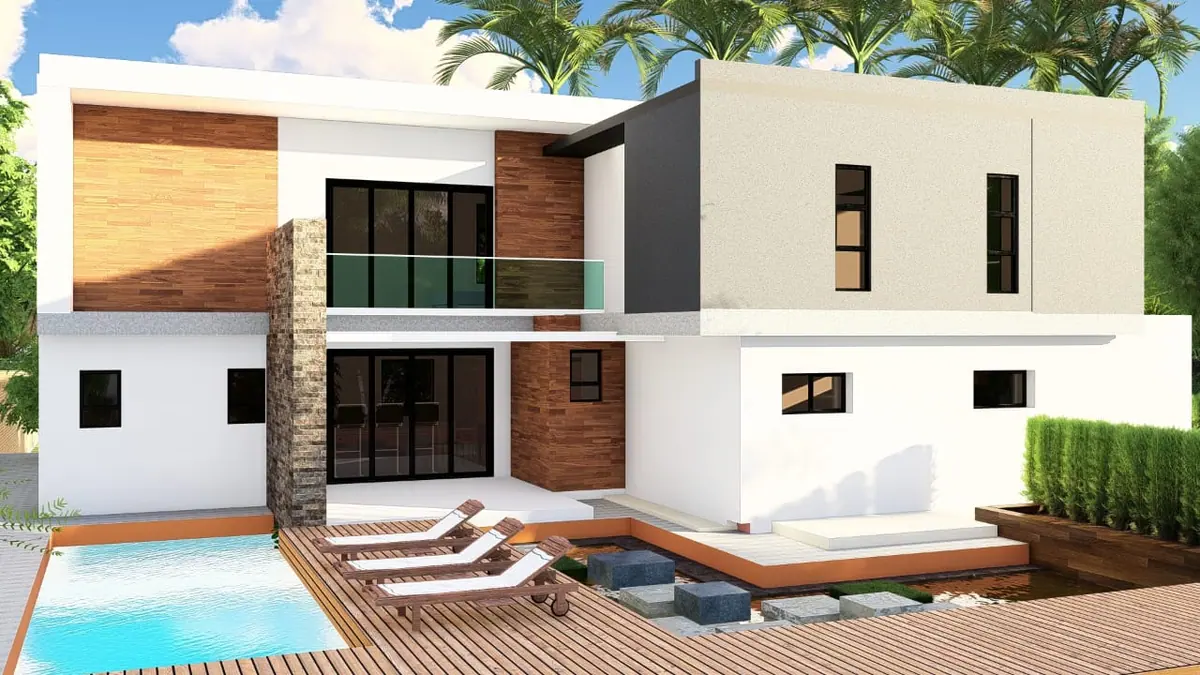 Architectural render of a home with timber cladding and a swimming pool