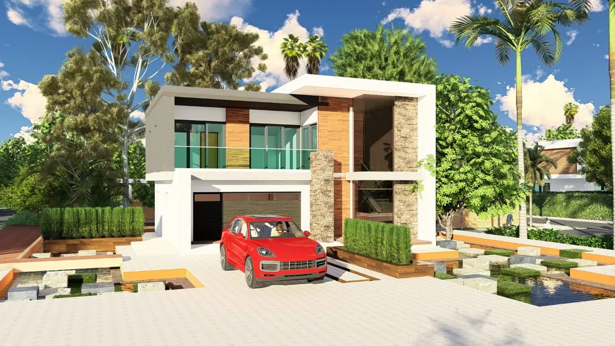 Architectural render of a contemporary residence with a covered patio
