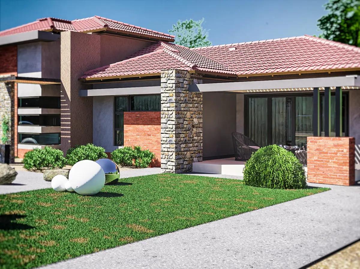 Architectural render of a tile-roof home with a stone-clad entrance