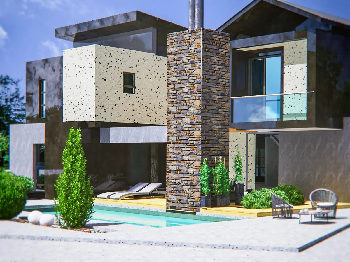 Architectural render of a textured-facade modern house with a pool deck