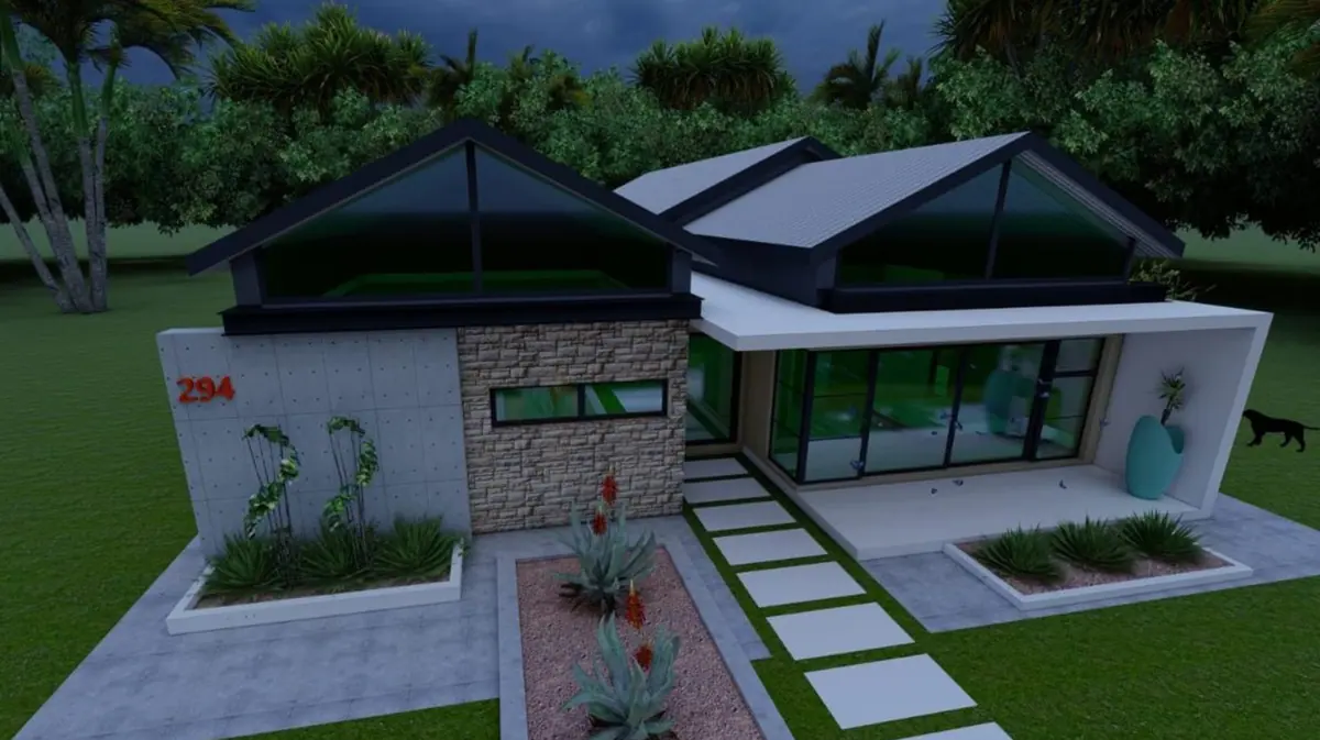 Architectural render of a dark pitched-roof residence with feature stonework