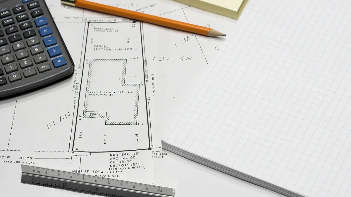 Architectural floor plans and a calculator during pre-construction planning